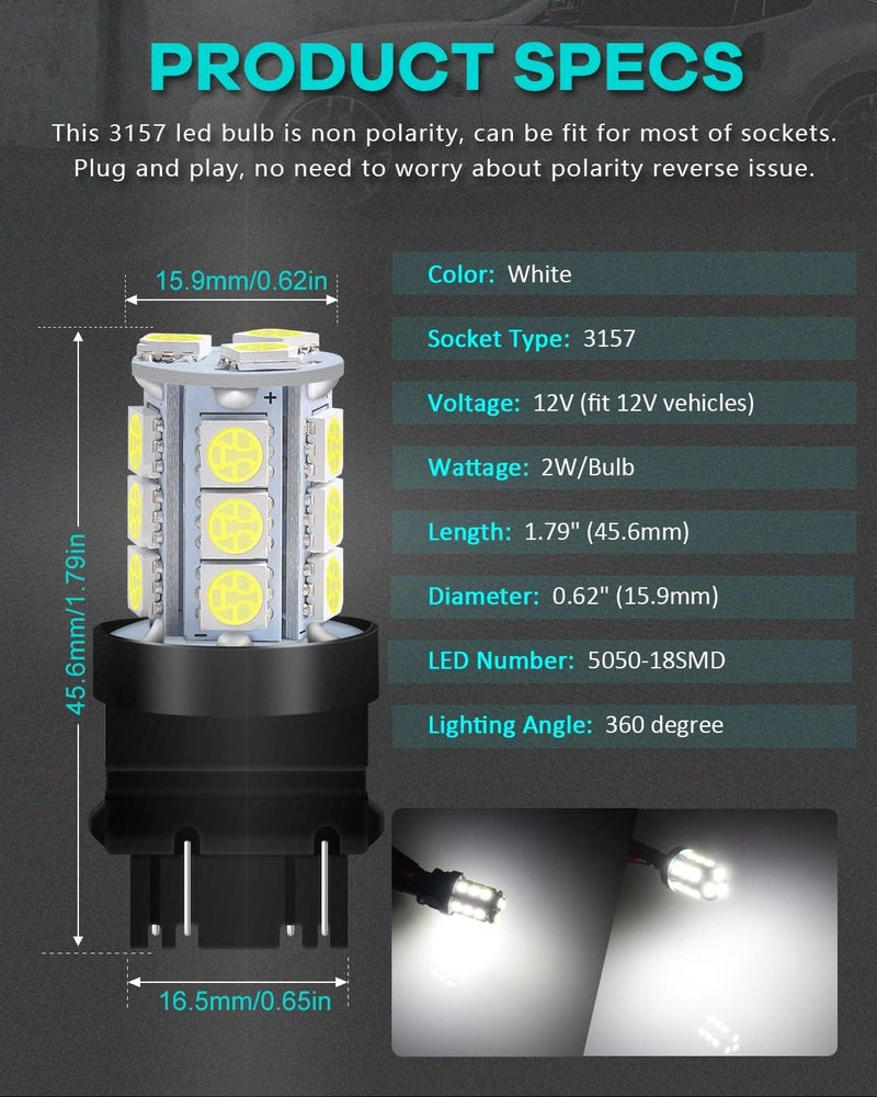 Alopee Non Polarity 10 Pack 4114 Led Daytime Running Light White T25 4114 Led Bulb DC 12V for 3156 3157 3157K Tail Brake Light Bulb Turn Signal Bulb - Image 2